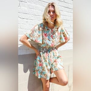 Get Whimsical Tropical Print Romper with Smocked Waist & Flared Sleeves--M